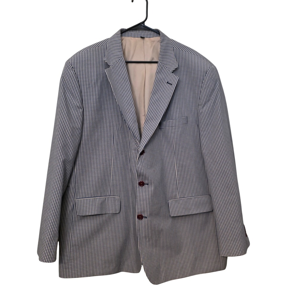 Orvis Mens Gingham Check Blazer Sport Coat Navy Tan 52R 3 Button Cotton Summer‎
